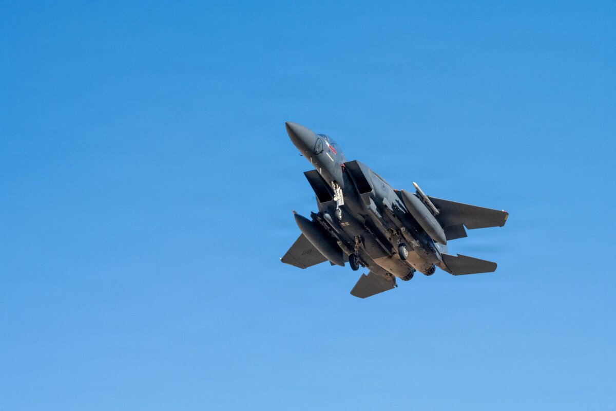 A U.S. Air Force F-15E Strike Eagle aircraft takes off for a mission supporting Operation Epic Fury during the Iran war at an undisclosed location, on March 9, 2026. (U.S. Air Force/Handout via Reuters)