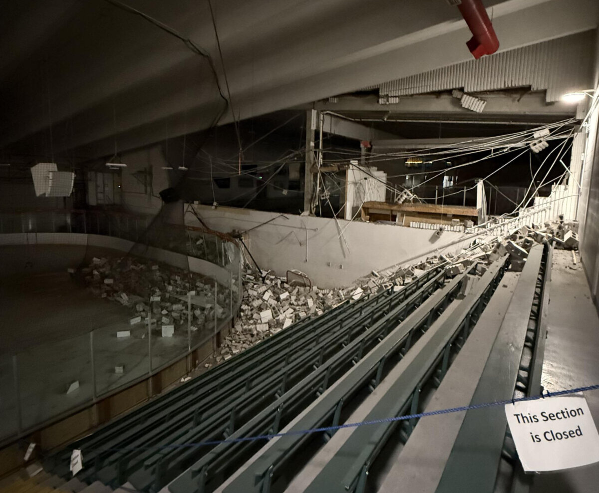 Damage is shown following an explosion at an ice rink in the town of Taber, Alta. in this December 2025 handout photo. (The Canadian Press/Handout - Town of Taber)