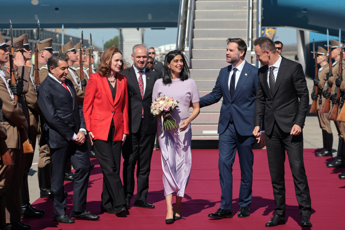 Hungarian Foreign Minister Peter Szijjarto and Hungarian Ambassador to the U.S. Szabolcs Takacs welcome U.S. Vice President JD Vance and Second Lady Usha Vance as they arrive at Budapest Ferenc Liszt International Airport in Budapest, Hungary, on April 7, 2026. (Jonathan Ernst/Reuters)