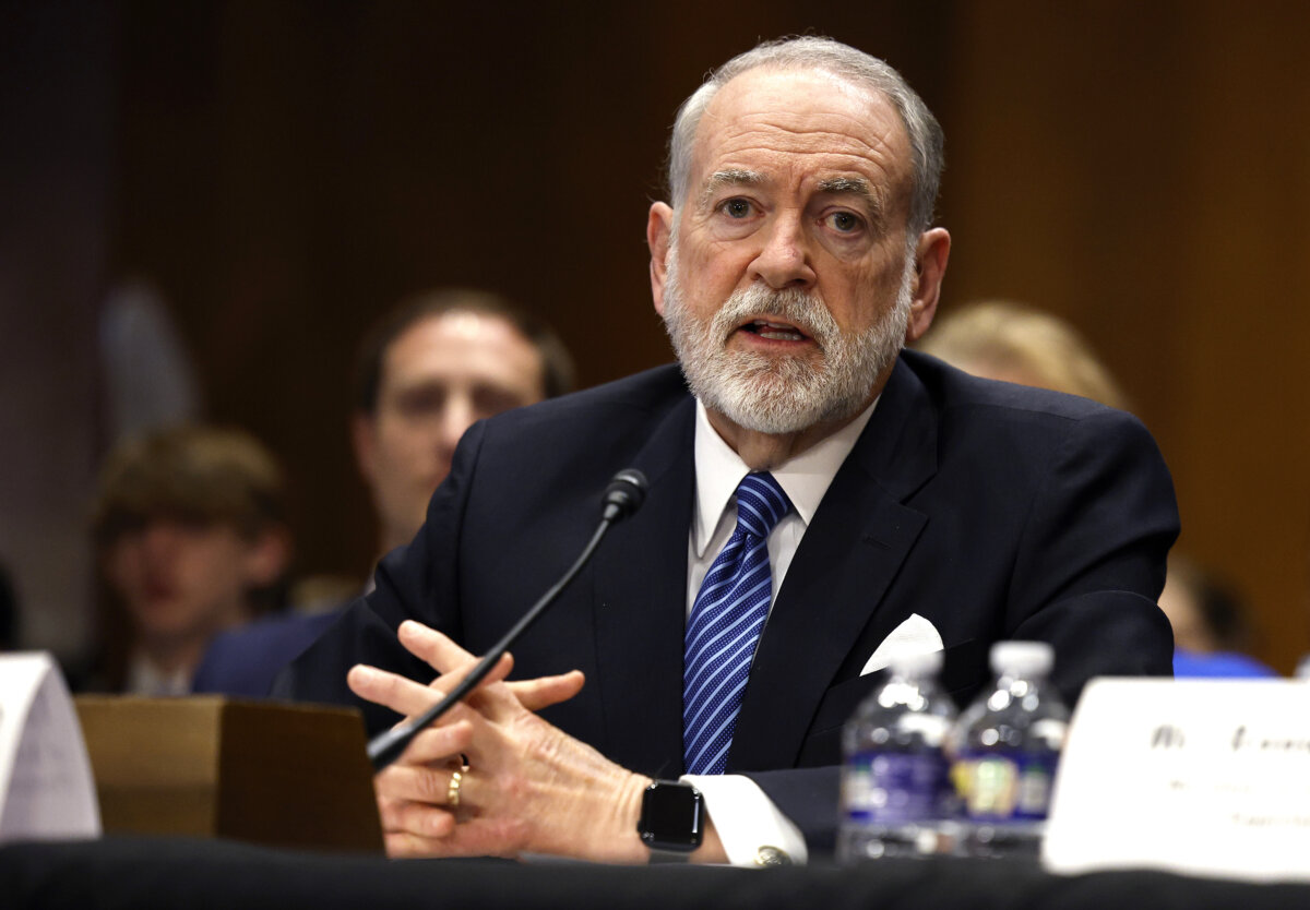 Then-Ambassador to Israel nominee Mike Huckabee testifies during his Senate Foreign Relations Committee confirmation hearing at the Dirksen Senate Office Building on in Washington on March 25, 2025. (Photo by Kevin Dietsch/Getty Images)