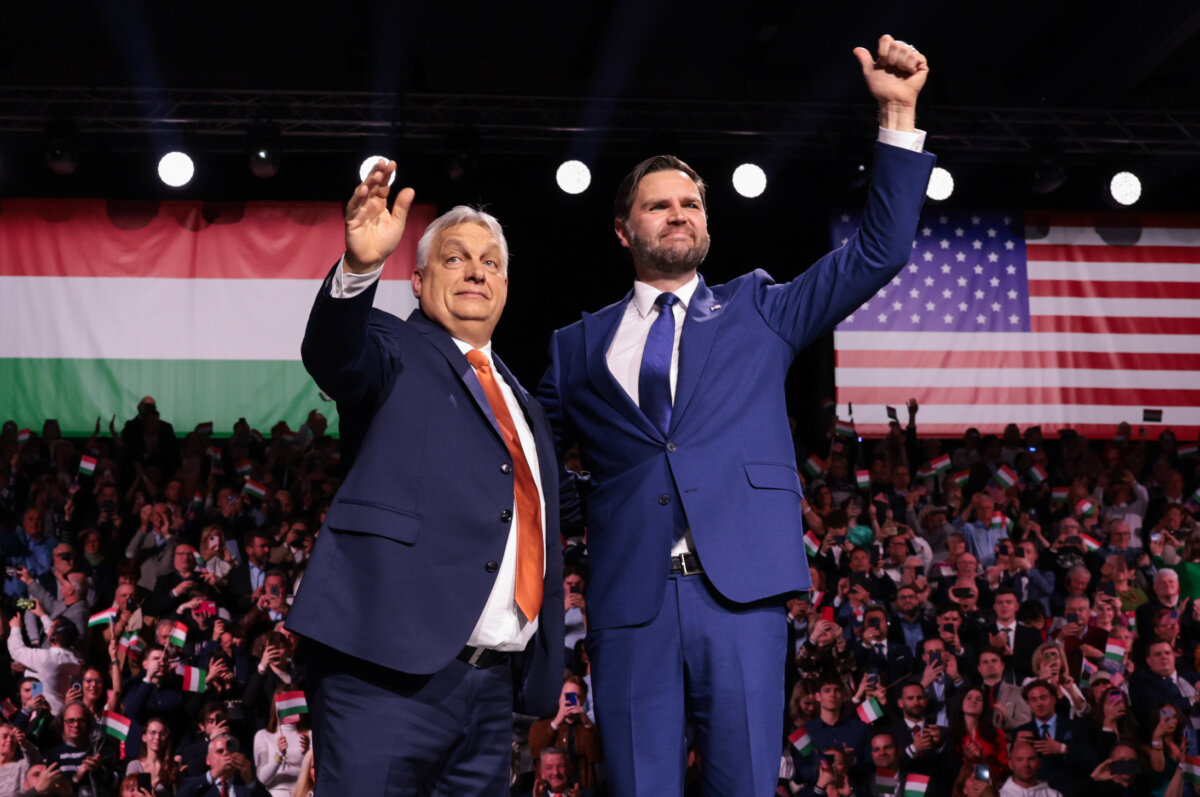 U.S. Vice President JD Vance and Hungarian Prime Minister Viktor Orban (L) wave to the audience during a Day of Friendship event in Budapest, Hungary, on April 7, 2026. (Jonathan Ernst/Pool Photo via AP)