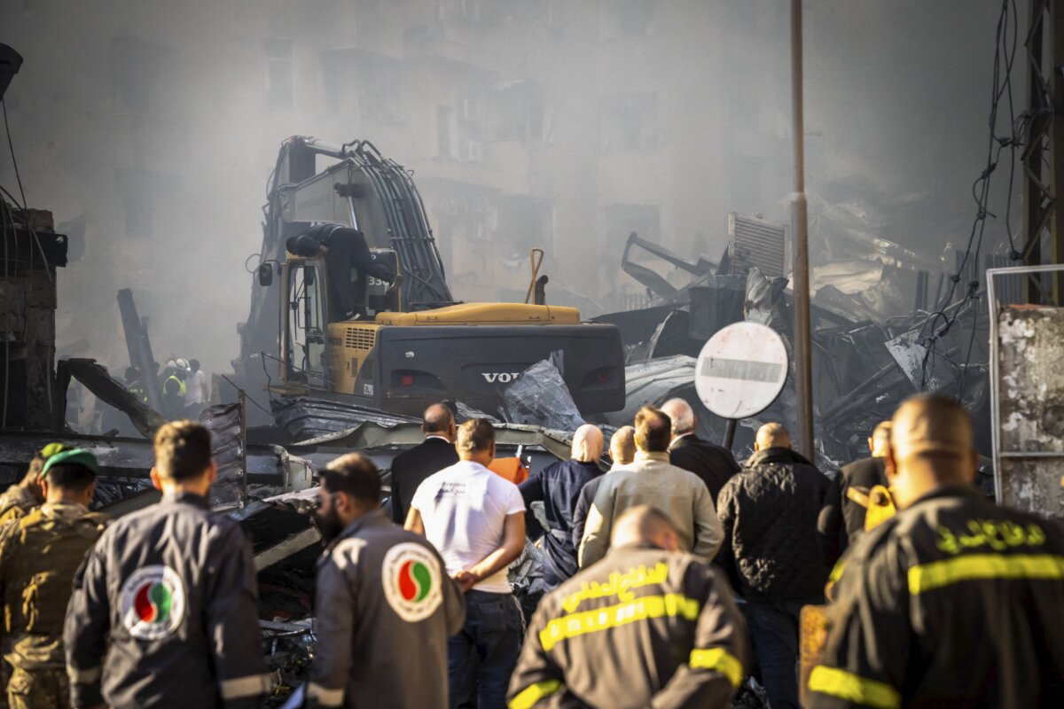 Rescue team works at a damaged building in the Barbour neighborhood of Beirut, Lebanon, after an Israeli strike on Hezbollah targets on April 8, 2026. (Nael Chahine/Middle East Images via AFP via Getty Images)