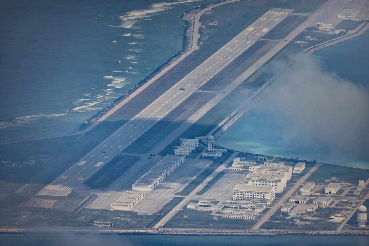 An airfield, buildings, and structures are seen on the artificial island built by China in Subi Reef on Oct. 25, 2022 in Spratly Islands, South China Sea. (Ezra Acayan/Getty Images)