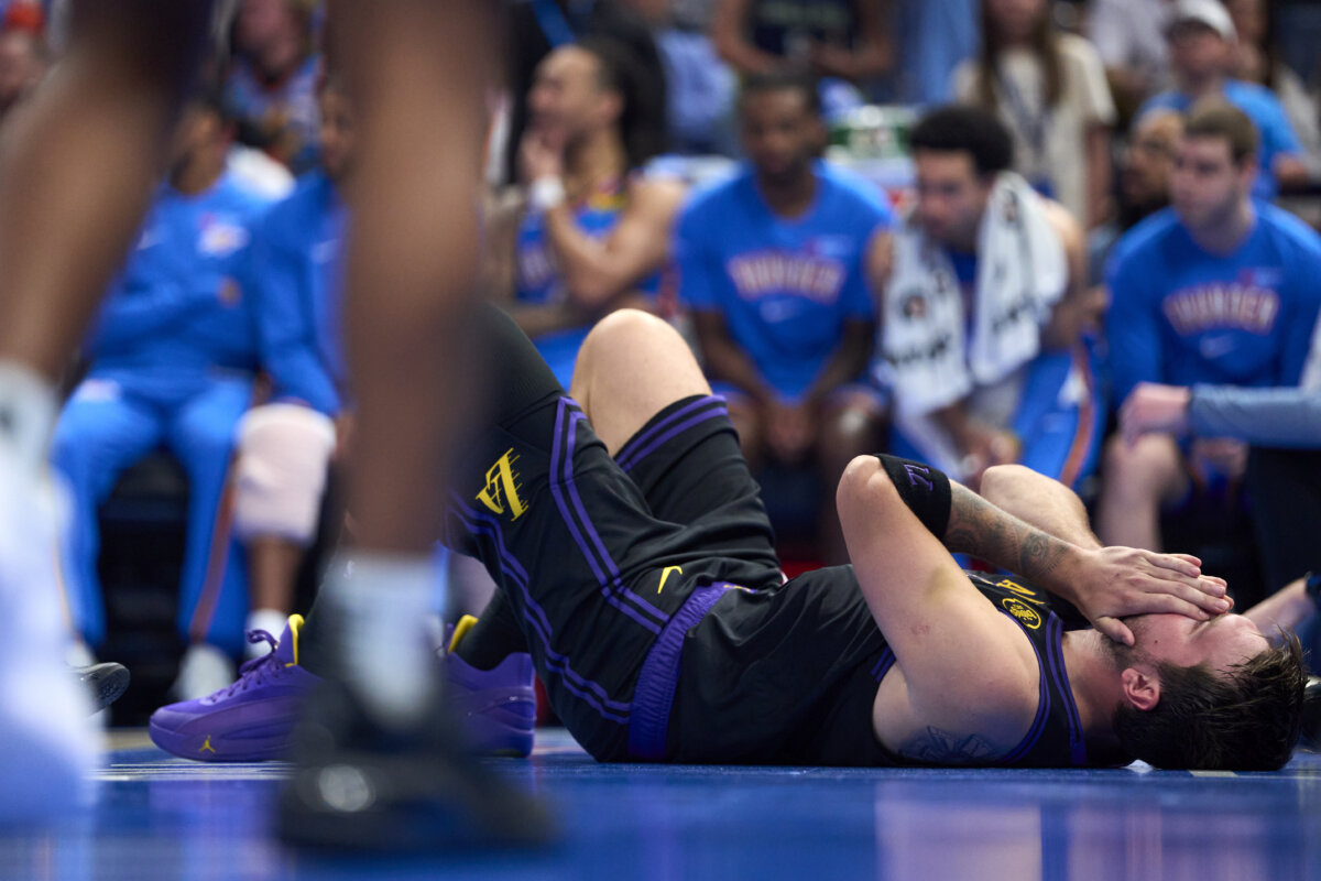Luka Doncic of the Los Angeles Lakers reacts during a game against the Thunder at Paycom Center in Oklahoma City on April 2, 2026. (Cooper Neill/Getty Images)