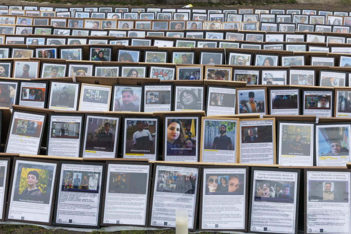 A visual action consisting of 500 photo frames displaying photos of victims killed by the Iranian regime, at the European quarters of Brussels, on Feb. 5, 2026. (Nicolas Maeterlinck/BELGA MAG/Belga/AFP via Getty Images)