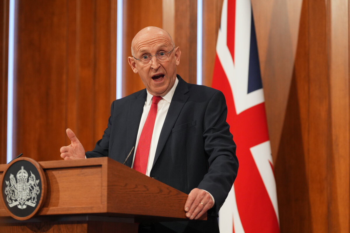 British Defence Secretary John Healey talks about the Russian submarine's activities, at 9 Downing Street in London on April 9, 2026. (Yui Mok/Pool Photo via AP)