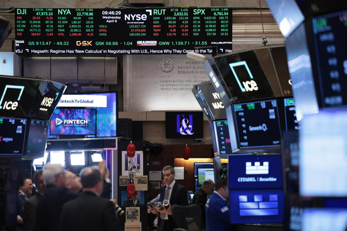 Stock market numbers are displayed on the floor of the New York Stock Exchange on April 8, 2026. (Michael M. Santiago/Getty Images)