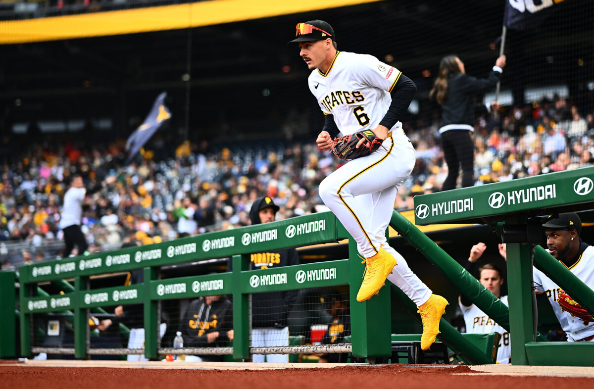 Konnor Griffin #6 of the Pittsburgh Pirates takes the field for the start of the game against the Baltimore Orioles at PNC Park in Pittsburgh, Pa., on April 5, 2026. (Justin Berl/Getty Images)