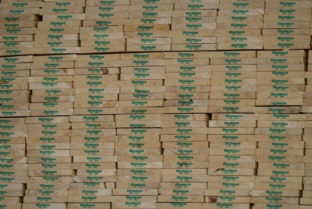 Lumber awaiting shipment is seen stacked at the Gorman Brothers Lumber sawmill, in West Kelowna, B.C., on Aug. 5, 2025. (The Canadian Press/Darryl Dyck)