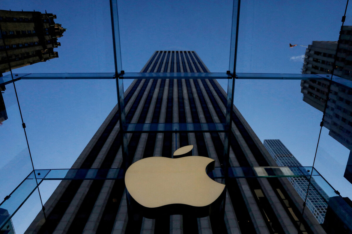 The Apple logo during the preview of the redesigned and reimagined Apple Fifth Avenue store in New York City on Sept. 19, 2019. (Brendan McDermid/Reuters)