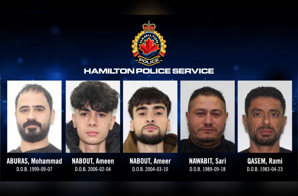 (L–R) Mohammad Aburas, Ameen Nabout, Ameer Nabout, Sari Nawabit, and Rami Qasem are shown in a handout image provided by Hamilton Police Service. (Hamilton Police Service photo)