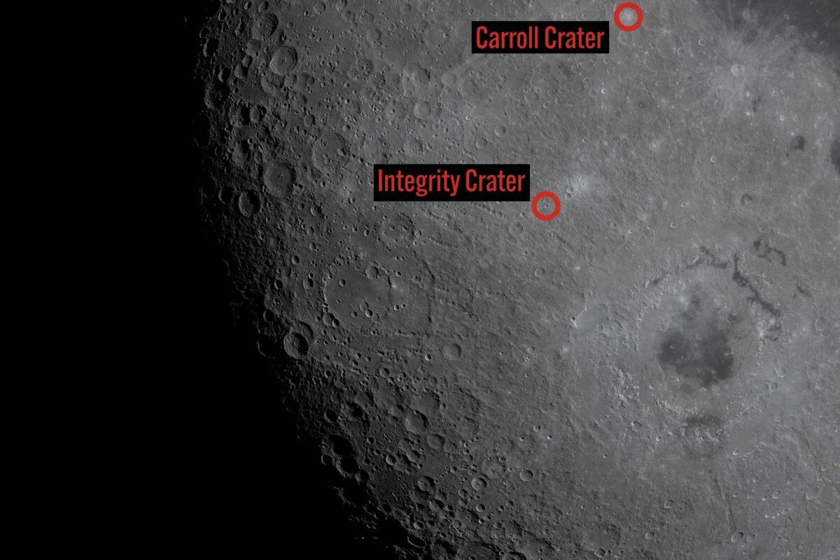 NASA shares image of the moon identifying the two craters named by the Artemis II crew on April 6, 2026. (Courtesy of NASA)