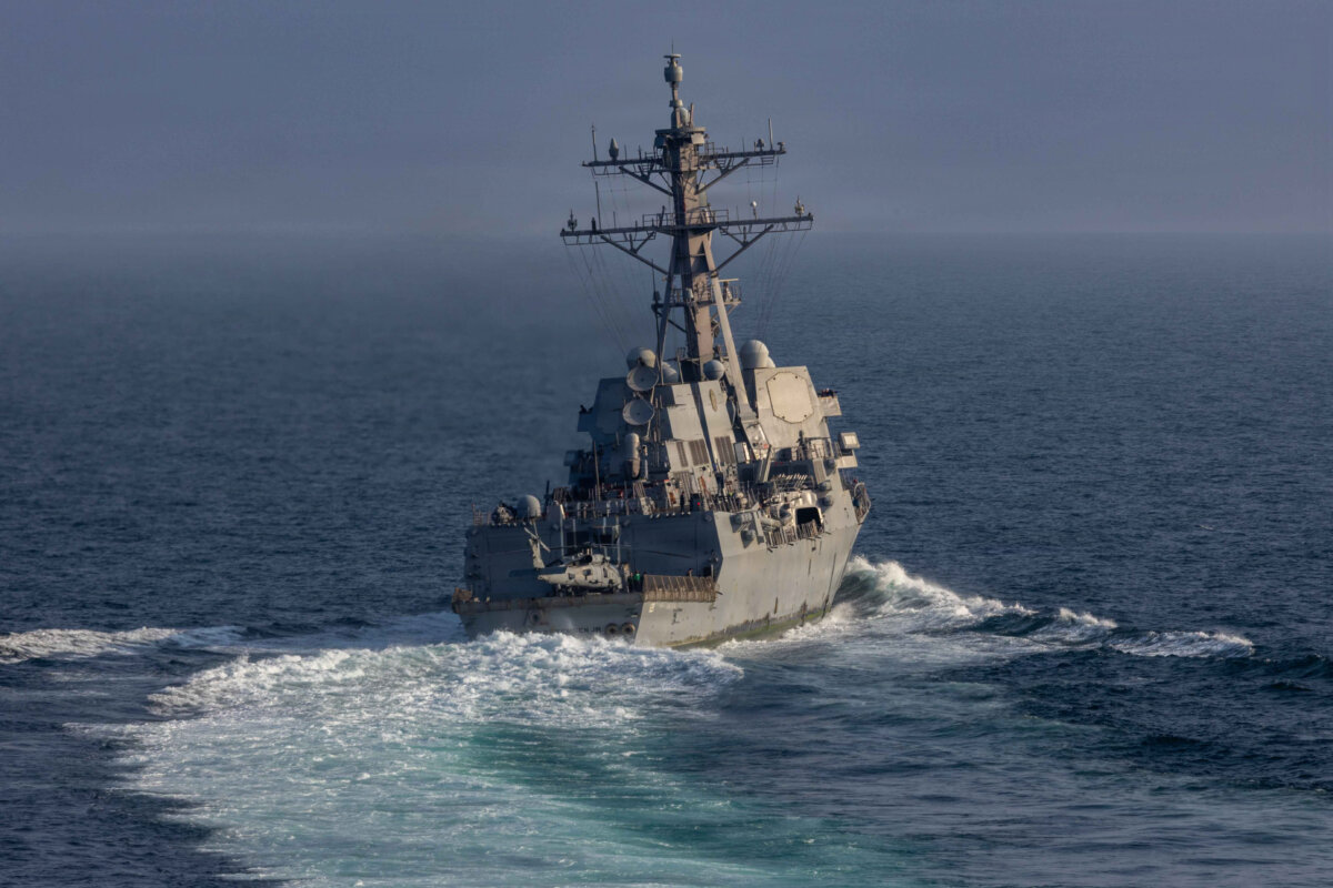Arleigh Burke-class guided-missile destroyer USS Frank E. Petersen Jr. (DDG 121) sails in the Arabian Sea during Operation Epic Fury, March 18, 2026. (U.S. Navy)