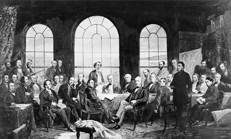 Representatives from the colonies of British North America gather to discuss Canadian Confederation at the Quebec Conference in October 1864. (Public Domain)