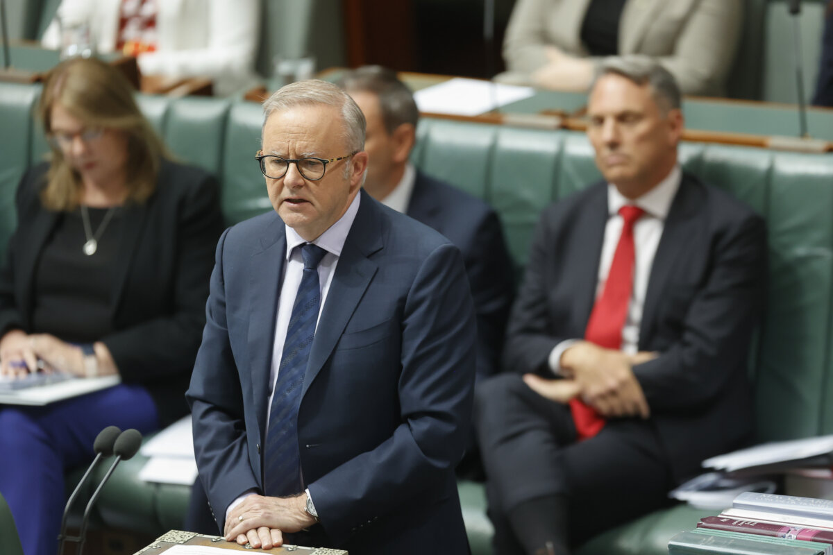 Prime Minister Anthony Albanese speaks at Parliament House in Canberra, Australia, on Feb. 4, 2026. (Hilary Wardhaugh/Getty Images)