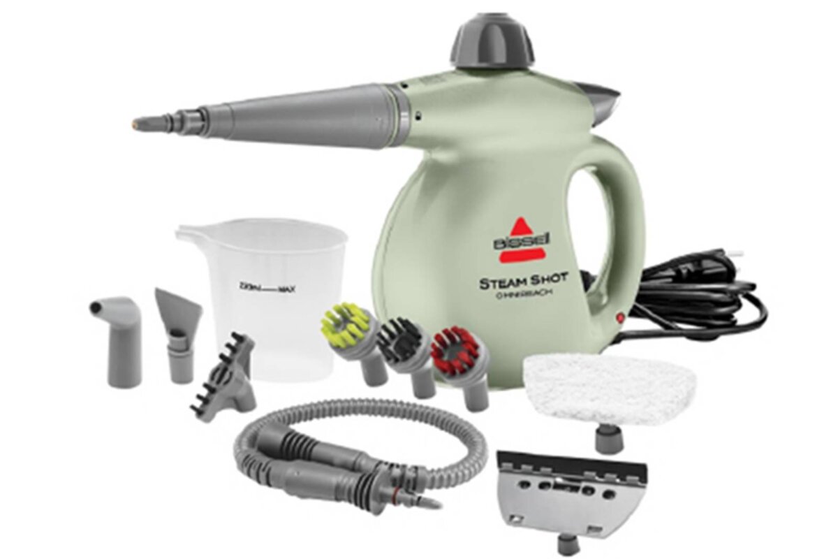 The recalled BISSELL Steam Shot OmniReach steam cleaner with attachments. (Courtesy of the Consumer Product Safety Commission)