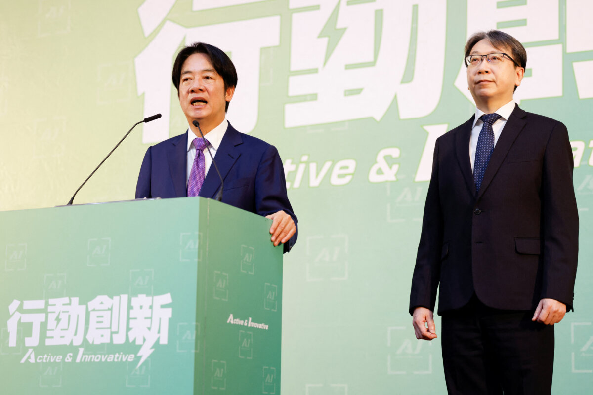 Taiwan President Lai Ching-te speaks next to National Security Bureau Director-General Tsai Ming-yen during a press conference, in Taipei, Taiwan, on April 25, 2024. (Carlos Garcia Rawlins/Reuters)