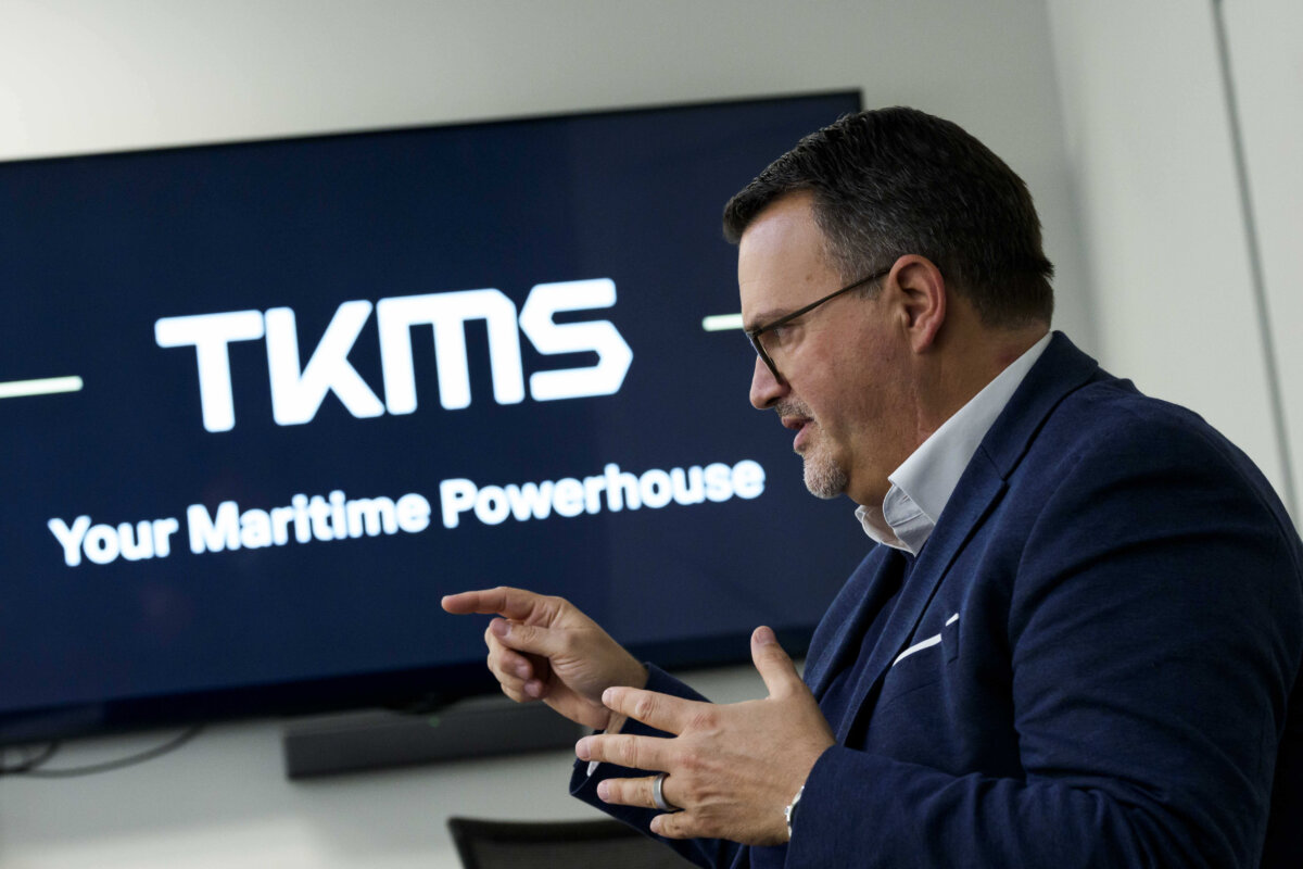 Oliver Burkhard, CEO of German submarine maker TKMS, speaks in an interview in Ottawa, on March 2, 2026. (The Canadian Press/Justin Tang)