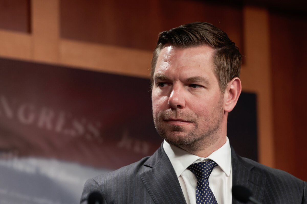 Rep. Eric Swalwell during a news conference on the introduction of the Protection from Abusive Passengers Act at the U.S. Capitol Building, in Washington on April 6, 2022. (Anna Moneymaker/Getty Images)