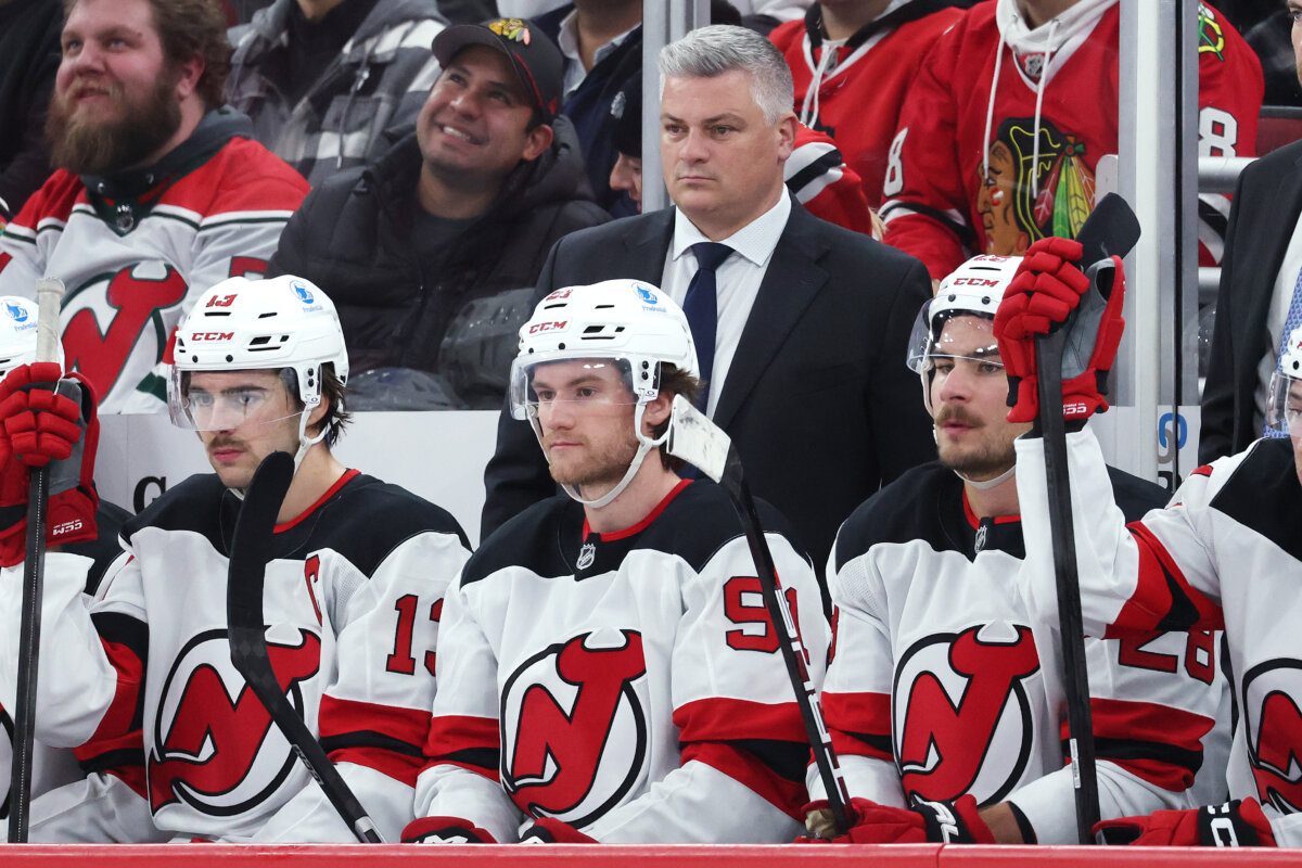 Head coach Sheldon Keefe of the New Jersey Devils looks on during the third period in a matchup against the Chicago Blackhawks at the United Center in Chicago, Ill., on Nov. 12, 2025. (Michael Reaves/Getty Images)