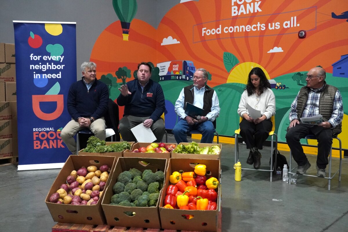 Panelists (L–R) Gibson Durnford, Tom Nardacci, Richard Ball, Mira Miller, and Jeff Crist at the Orange County Distribution Center in Montgomery, N.Y., on April 9, 2026. (Oliver Mantyk/The Epoch Times)