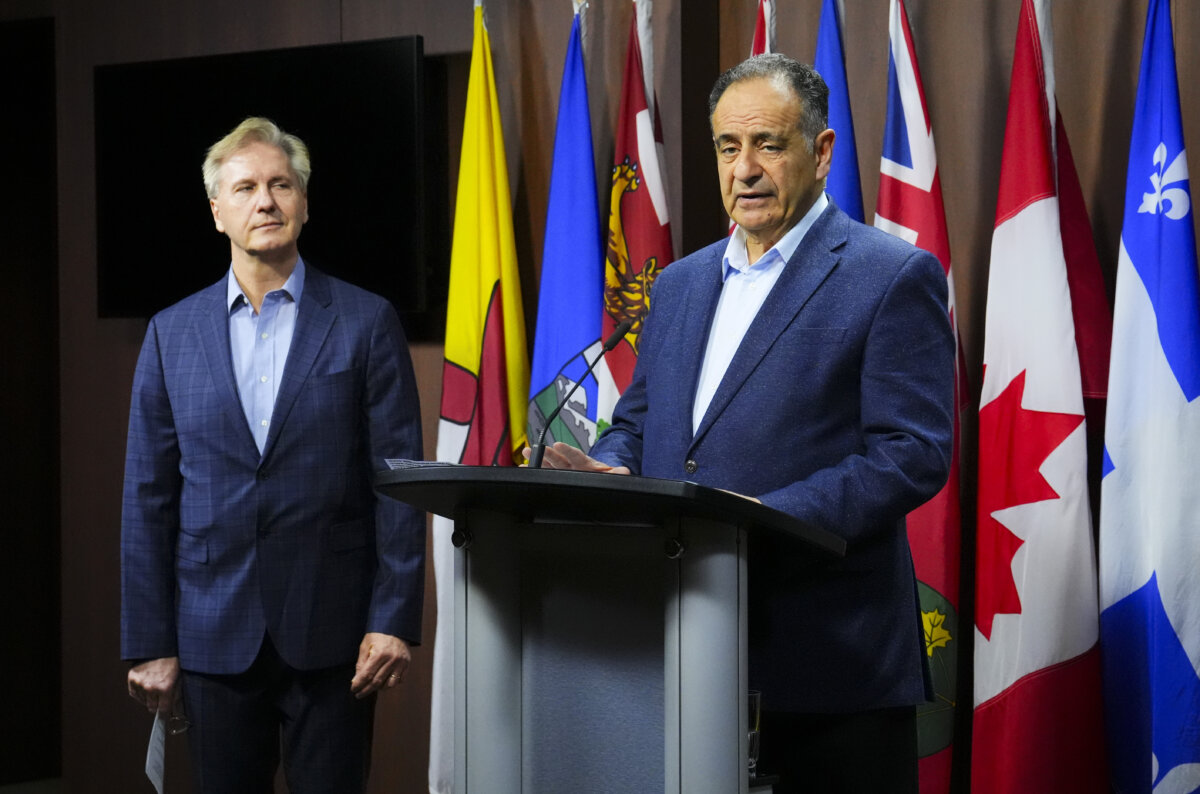 Dr. Peter Blusanovics (L) and Dr. Paul Saba of the Euthanasia Prevention Coalition hold a press conference on Parliament Hill in Ottawa on April 13, 2026. (The Canadian Press/Sean Kilpatrick)