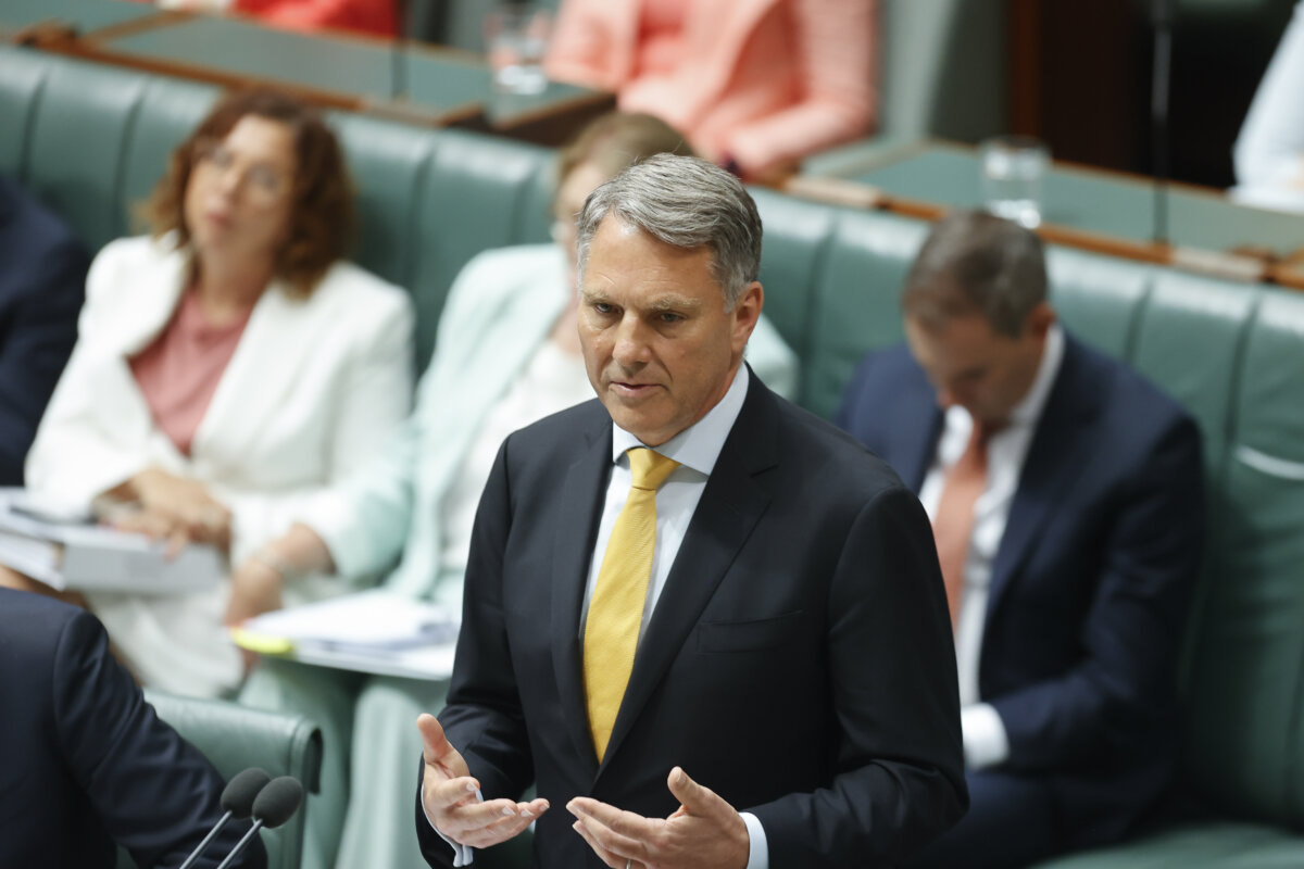 Deputy Prime Minister and Minister for Defence Richard Marles addresses the chamber at Parliament House in Canberra, Australia, on Jan. 20, 2026. (Hilary Wardhaugh/Getty Images)