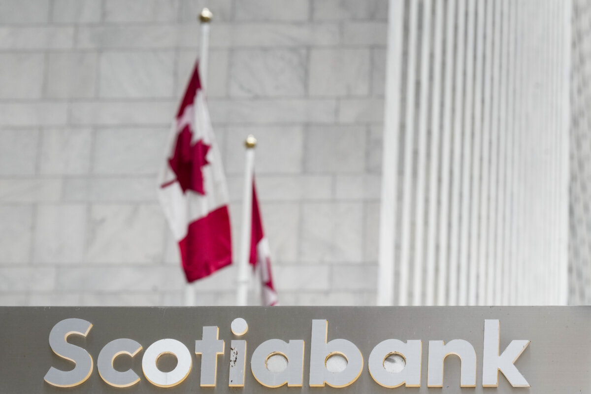 Scotiabank signage is pictured in the financial district in Toronto, on Sept. 8, 2023. (The Canadian Press/Andrew Lahodynskyj)