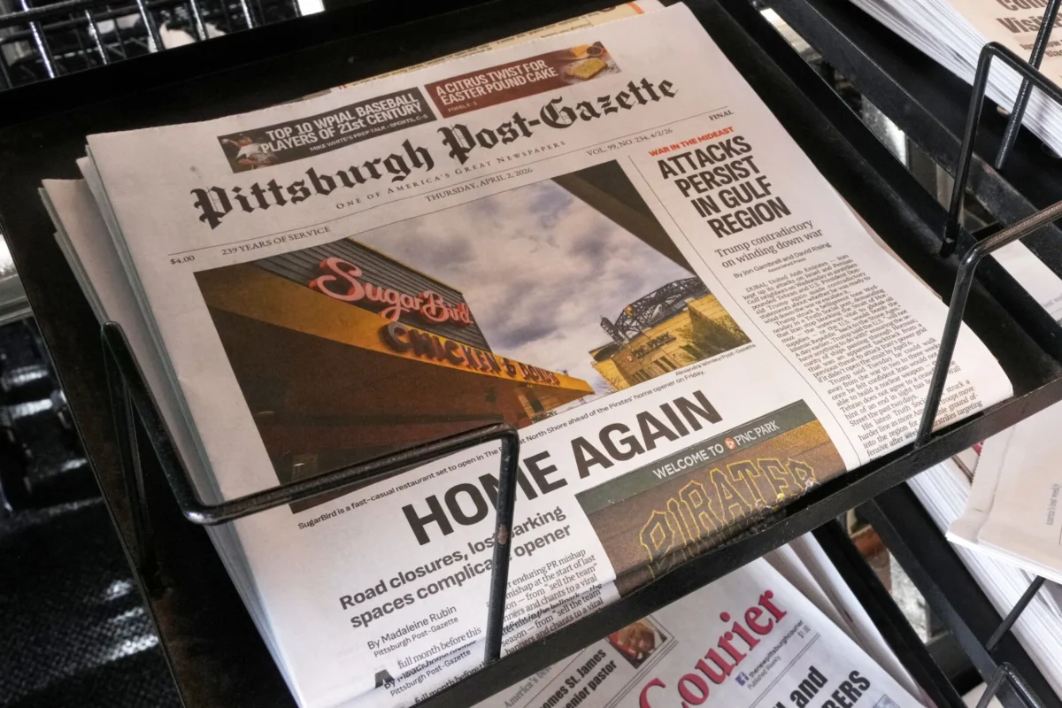 The print edition of the Pittsburgh Post-Gazette sits in a newspaper rack in Pittsburgh, on April 2, 2026. (Gene J. Puskar/AP Photo)