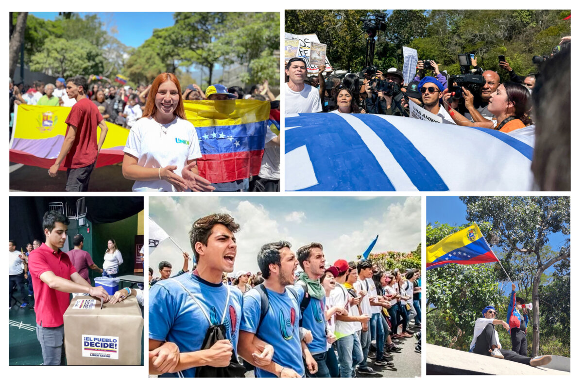 (Clockwise from top left) Oriana Campos, 24, who is part of a student political opposition group at the Central University of Venezuela, during a "Youth Day" protest on campus in Caracas on Feb. 12, 2026; Jacobo Malkhasian (C) participates the protest; Malkhasian (L) at the protest; Daniel Tirado (L) lines up with fellow protesters in Caracas on April 21, 2017; Tirado casts a ballot, before he was forced to flee the country for his family's safety. (Courtesy of Oriana Campos, Courtesy of Jacobo Malkhasian, Courtesy of Daniel Tirado)