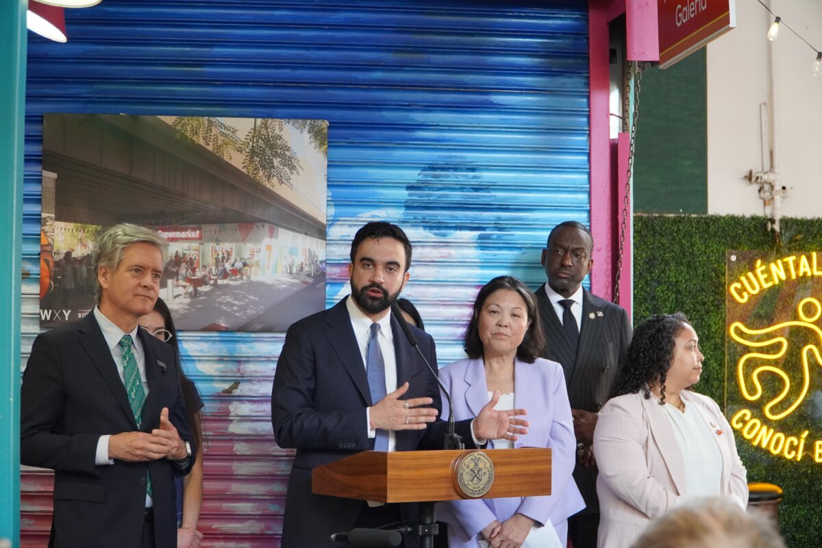 Mayor Zohran Mamdani speaks at La Marqueta public market in East Harlem, New York City, April 14, 2026. (Nicholas Zifcak/The Epoch Times)