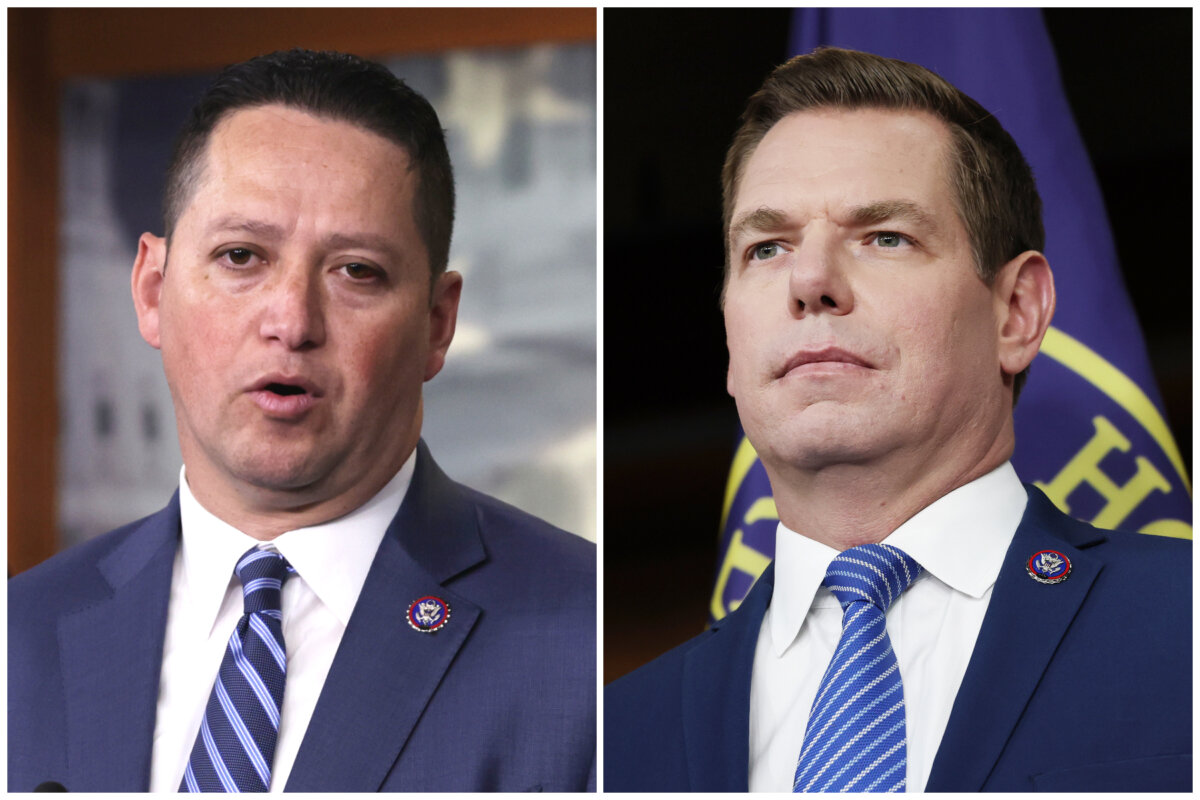 (Left) Rep. Tony Gonzales (R-Texas) speaks during a news conference at the U.S. Capitol in Washington on Feb. 1, 2023. (Right) Rep. Eric Swalwell (D-Calif.) speaks at a news conference at the U.S. Capitol Building in Washington on Sept. 8, 2025. (Alex Wong, Anna Moneymaker/Getty Images)