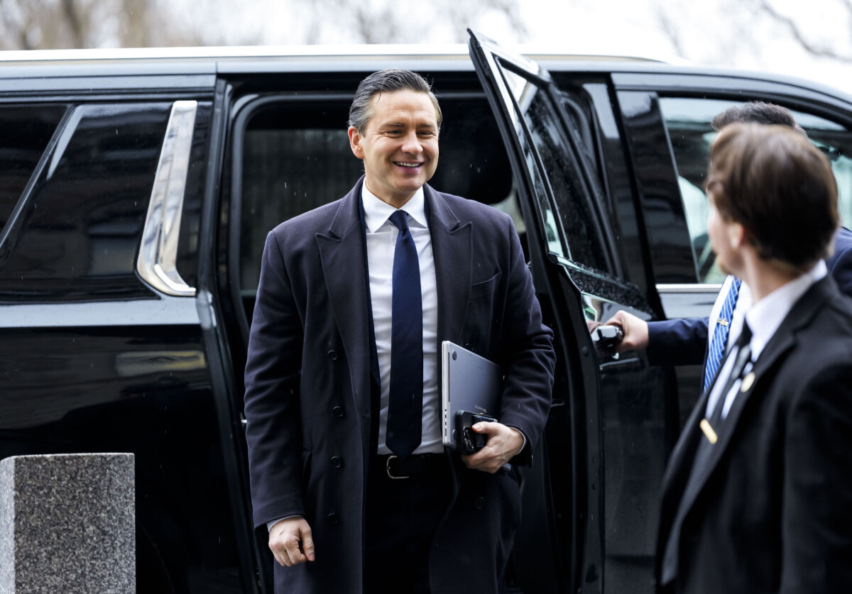 Conservative Leader Pierre Poilievre arrives on Parliament Hill before a meeting of the Conservative caucus in Ottawa on April 15, 2026. (The Canadian Press/Justin Tang)