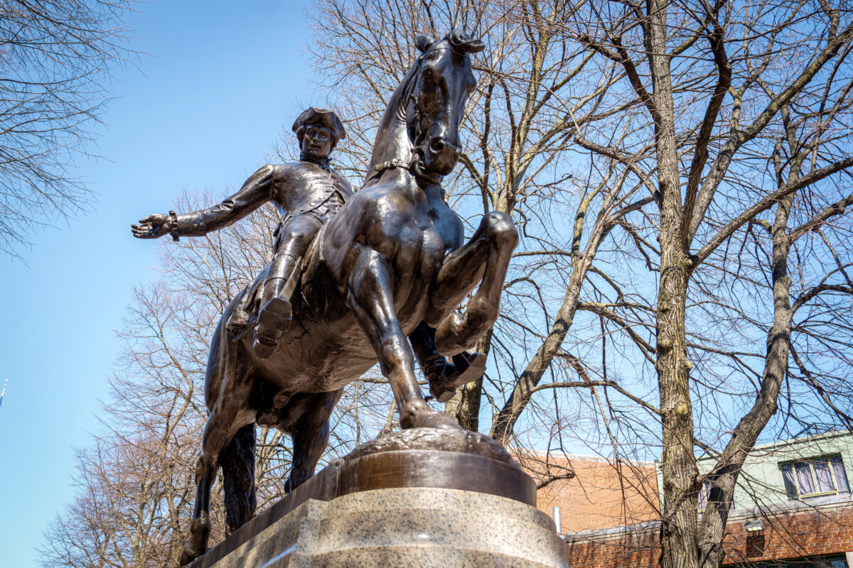 A statue depicting Paul Revere’s ride, near the Old North Church in Boston on April 8, 2026. (Samira Bouaou/The Epoch Times)