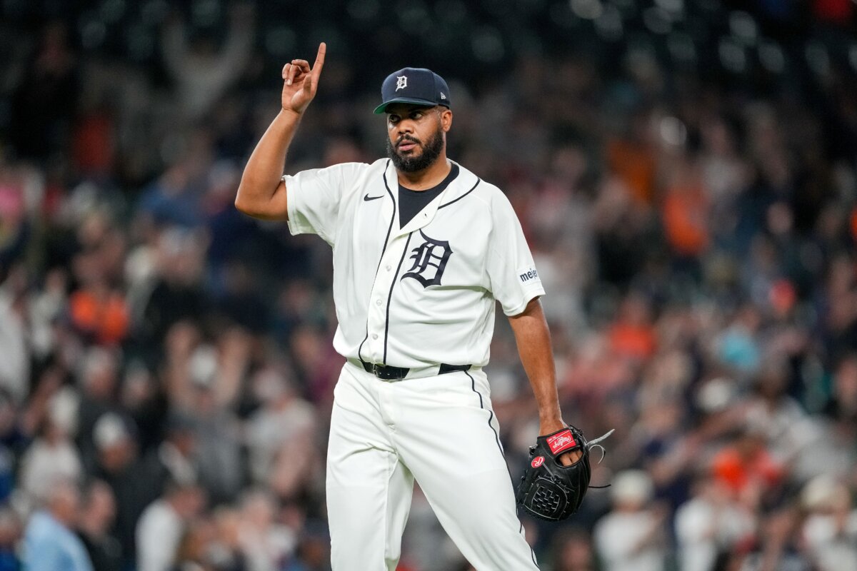 Kenley Jansen of the Detroit Tigers celebrates his team's win over the Kansas City Royals at Comerica Park in Detroit on April 15, 2026. (Nic Antaya/Getty Images)