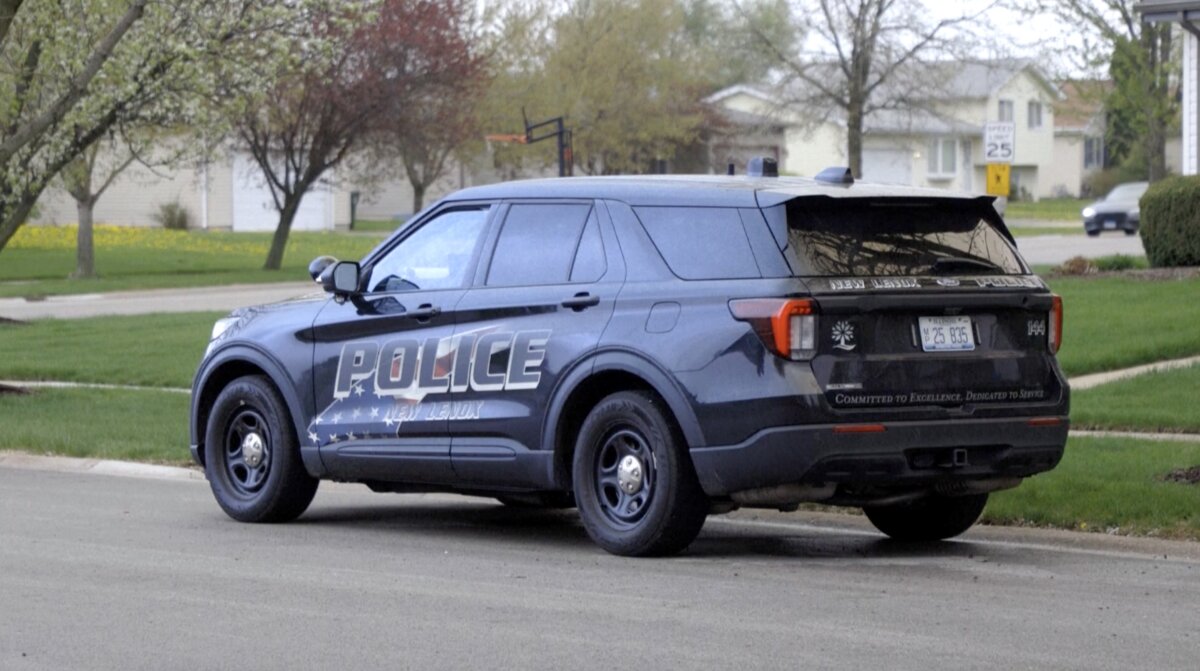 A police car at the community where Pope Leo's brother lives, in New Lenox, Ill., on April 16, 2026, in a still from video. (Reuters/Screenshot via The Epoch Times)