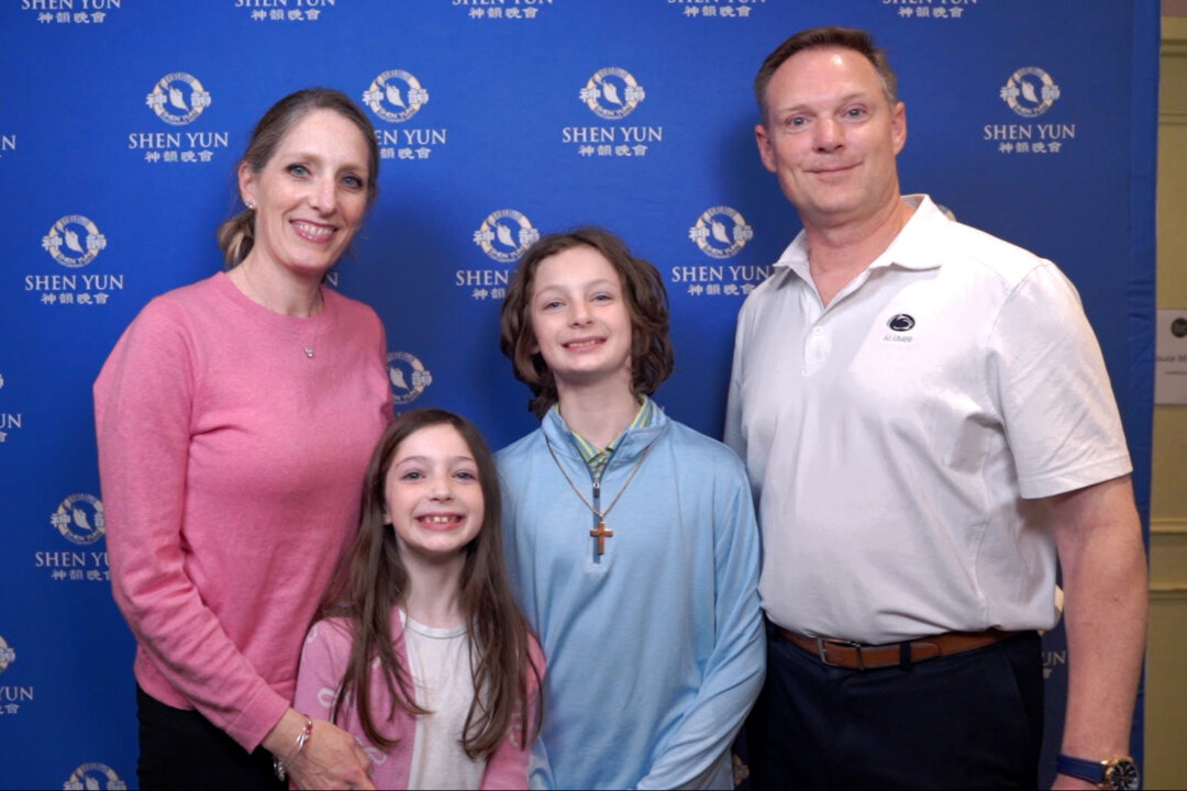 Mike and Katie Skrzat and family attend Shen Yun Performing Arts at the Miller Theater on Philadelphia, Pa., on April 18, 2026. (NTD)