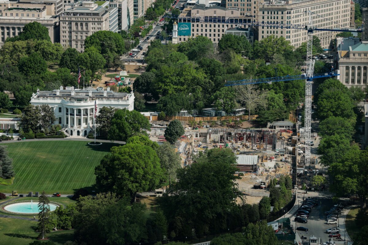 Construction cranes are seen from the Washington Monument on the site of the former East Wing of the White House on April 17, 2026. (Anna Moneymaker/Getty Images)