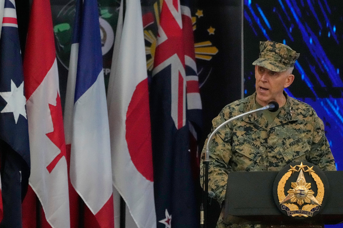 Commanding General of the U.S. Marine Expeditionary Force Lt. Gen. Christian Wortman speaks during the opening ceremonies of the joint military exercise dubbed "Balikatan" or "Shoulder to Shoulder," at Camp Aguinaldo military headquarters in Quezon city, Philippines, on April 20, 2026. (Aaron Favila/AP)