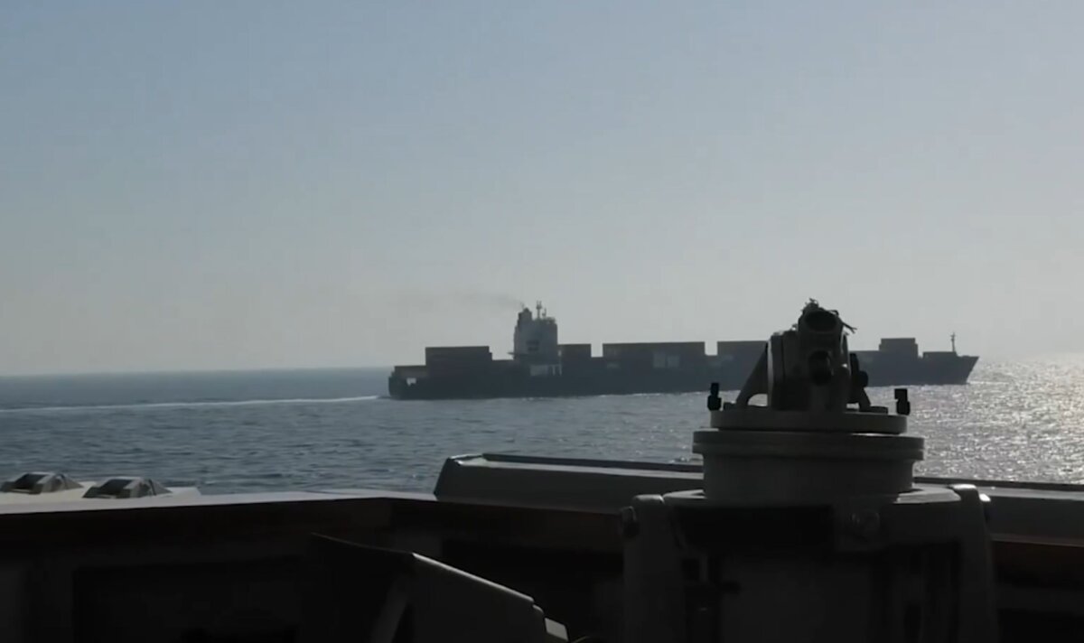 A screenshot from a U.S. military video shows USS Spruance (DDG 111) intercepting M/V Touska as it transits the north Arabian Sea enroute to Bandar Abbas, Iran, on April 19, 2026. (U.S. Central Command/X)