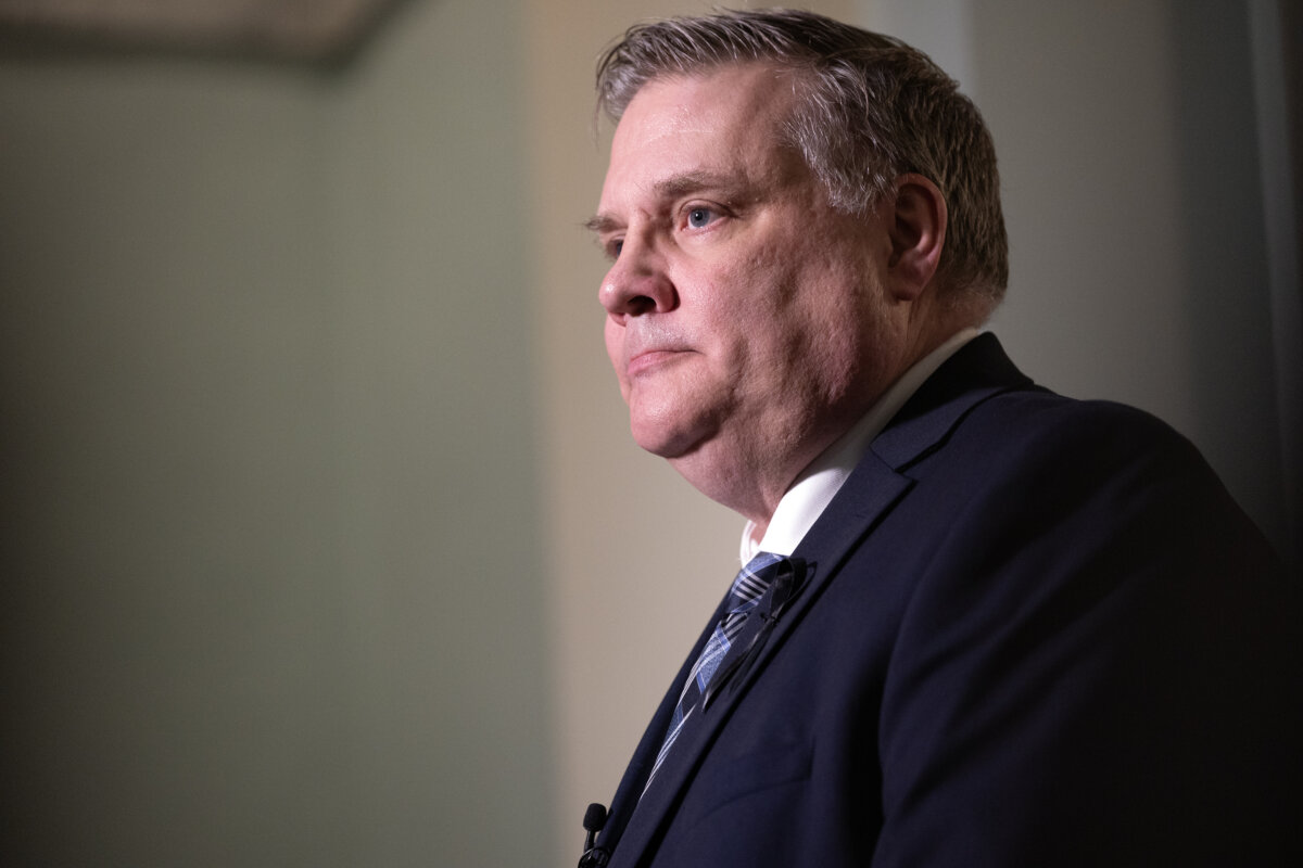 Then-B.C. Conservative MLA Peter Milobar reacts to the provincial budget during a press conference at the legislature in Victoria, B.C., on Feb. 17, 2026. (The Canadian Press/Chad Hipolito)