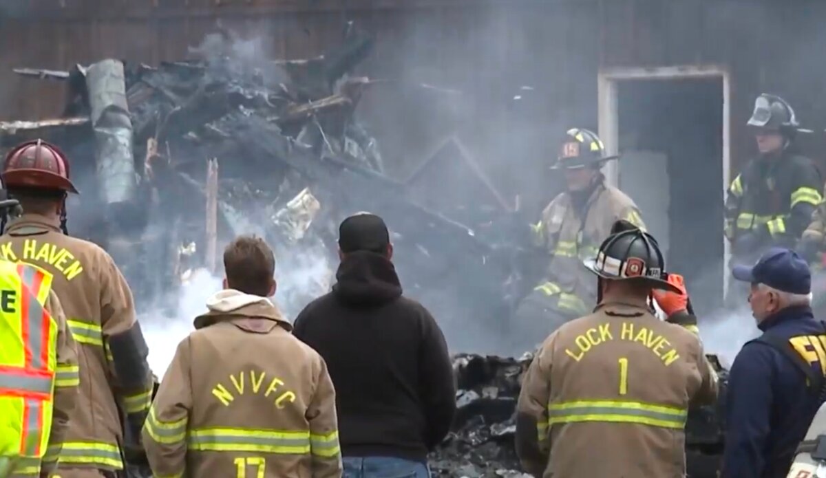 First responders at the scene of an explosion and fire in Lamar Township near Mill Hall, Pa., on April 19, 2026, in a still from video. (WNEP via AP)