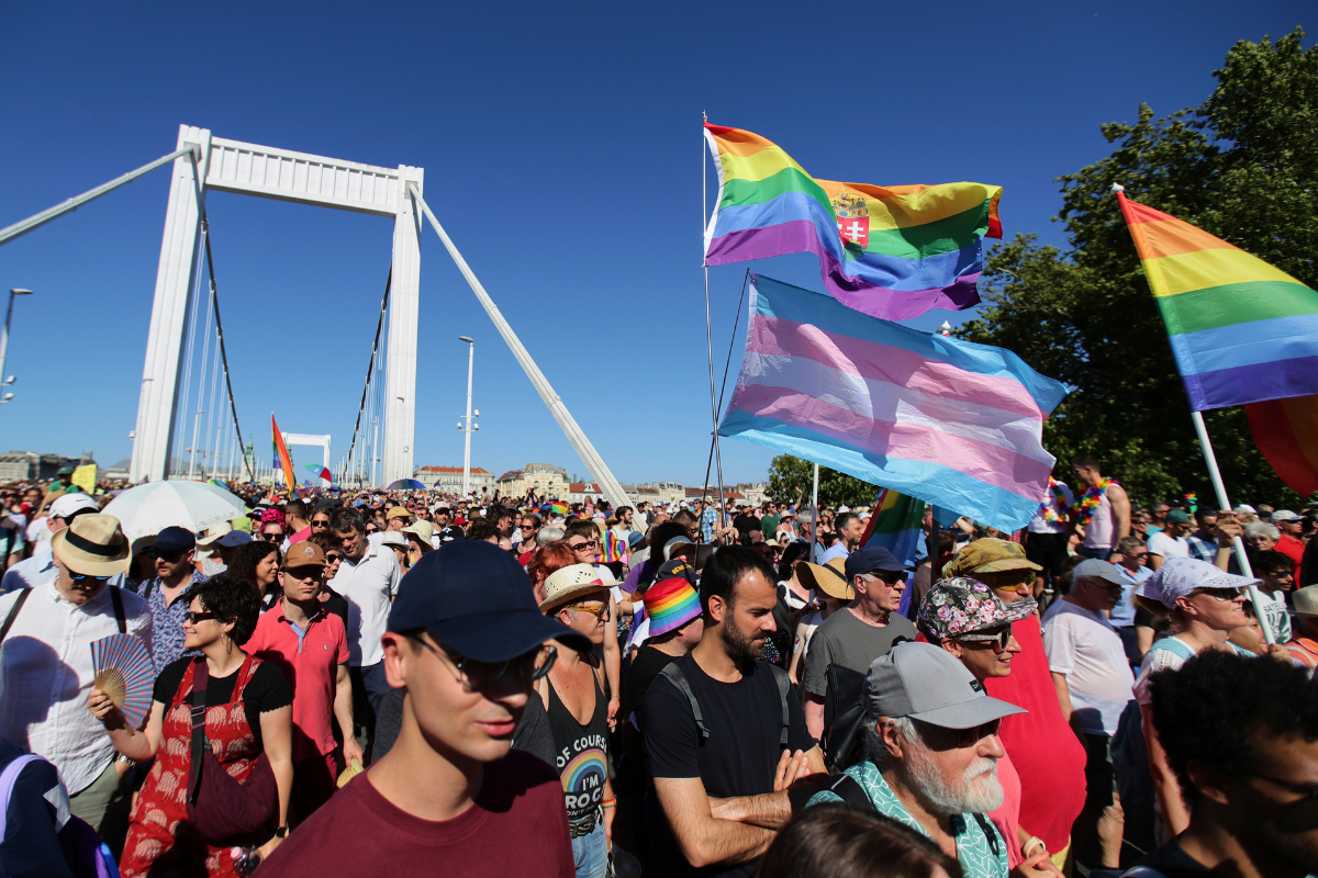Participants in a Pride March cross the Elisabeth Bridge in Budapest, Hungary, on June 28, 2025. (Rudolf Karancsi/AP Photo)