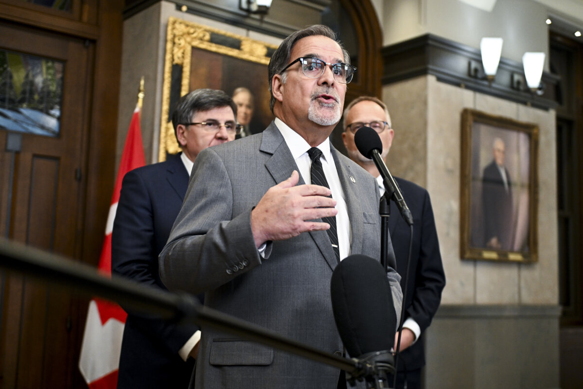 Conservative MP Fred Davies speaks in the Foyer of the House of Commons on Parliament Hill in Ottawa on March 9, 2026. (The Canadian Press/Spencer Colby)