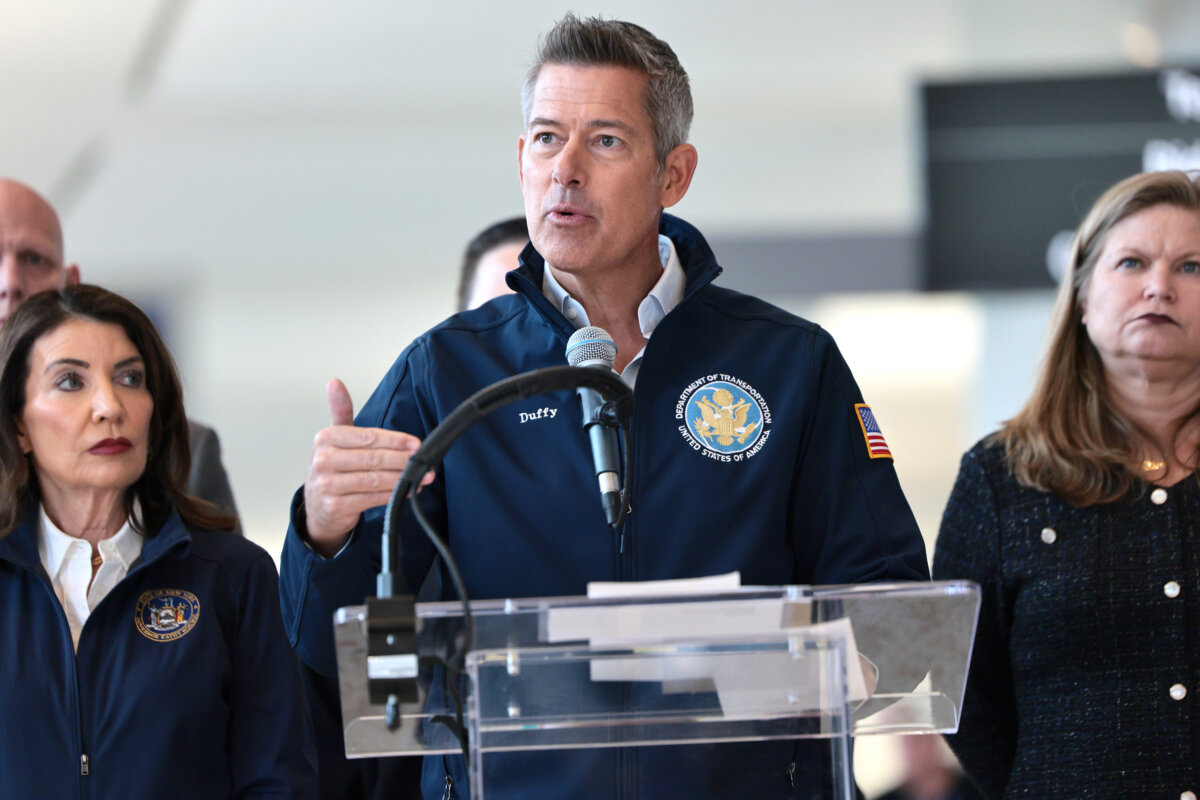 Transportation Secretary Sean Duffy speaks during a press conference in New York City on March 23, 2026. (Michael M. Santiago/Getty Images)