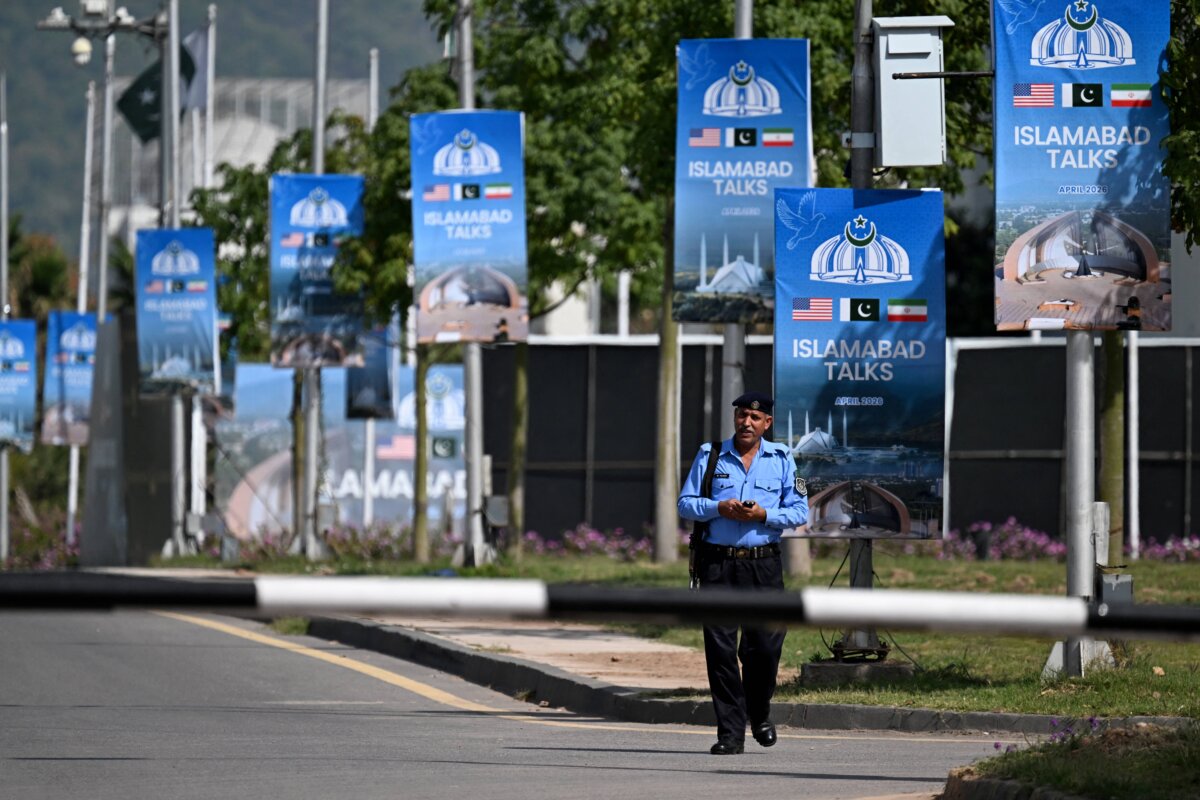 A security guard walks along a closed road near the Serena Hotel in Islamabad on April 21, 2026, ahead of anticipated U.S.-Iran peace talks. (Aamir Qureshi/AFP via Getty Images)