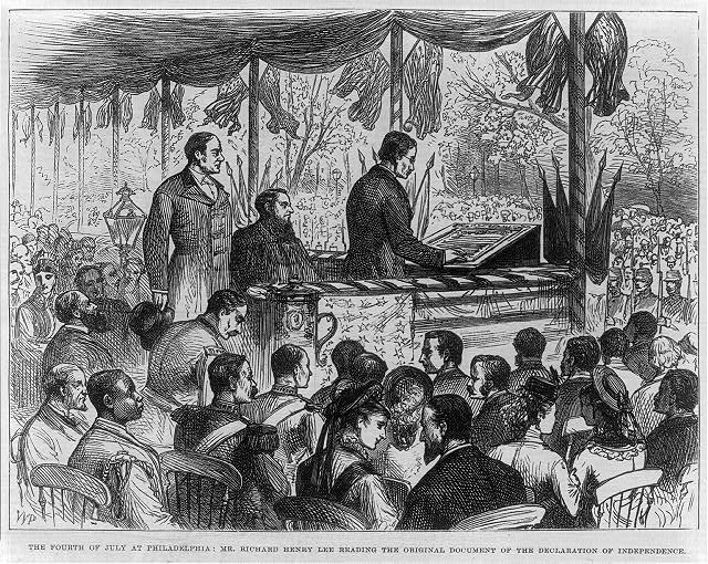 Richard Henry Lee reading the original document of the Declaration of Independence, on the Fourth of July 1876, at Philadelphia. Library of Congress. (Public Domain)