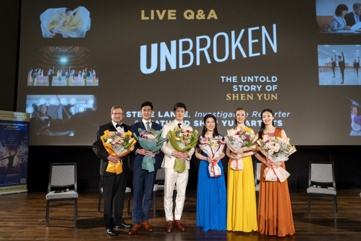 (L-R) Levi Browde, Shen Yun dancers Lucas Browde and Jesse Browde, Shen Yun violist Rachel Chen, and Shen Yun dancers Lillian Parker and Sunni Zhou at the Canadian premiere of the documentary "Unbroken: The Untold Story of Shen Yun" at Hotel X Toronto on April 22, 2026. (Courtesy of Evan Ning)