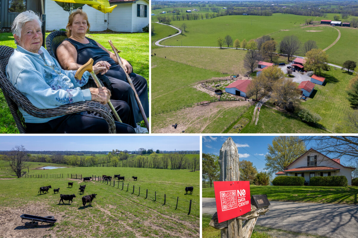 (Top Left) Ida Huddleston, 82 (L), and her daughter Delsia Bare, 54, sit in the yard of their family farm in Maysville, Ky., on April 10, 2026. (Top and Bottom Right) The farm of Ida Huddleston and Delsia Bare is shown on Big Pond Pike in Maysville, Ky., on April 10, 2026. (Bottom Left) Cattle graze on the farm on Big Pond Pike in Maysville, Ky., on April 10, 2026. (Glenn Hartong for The Epoch Times)