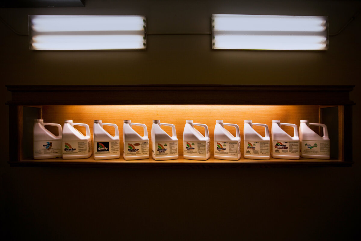 A display of Roundup bottles inside Monsanto headquarters in St. Louis on May 21, 2009. (Brent Stirton/Getty Images.)